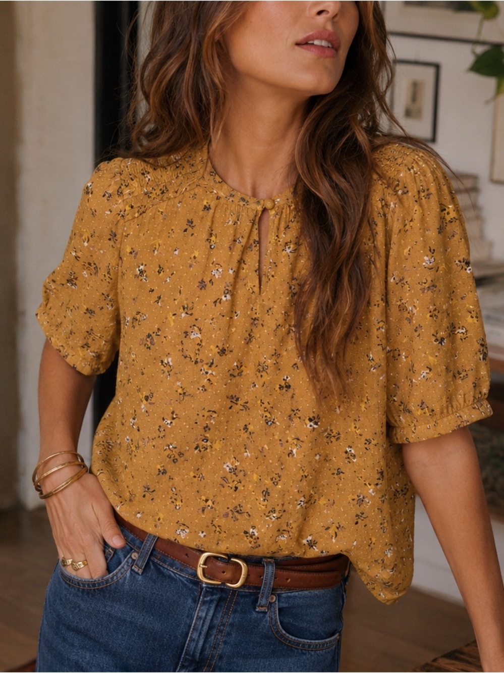 FatFace Mustard Floral Textured Blouse Top US 10/UK 14 Boho Fall